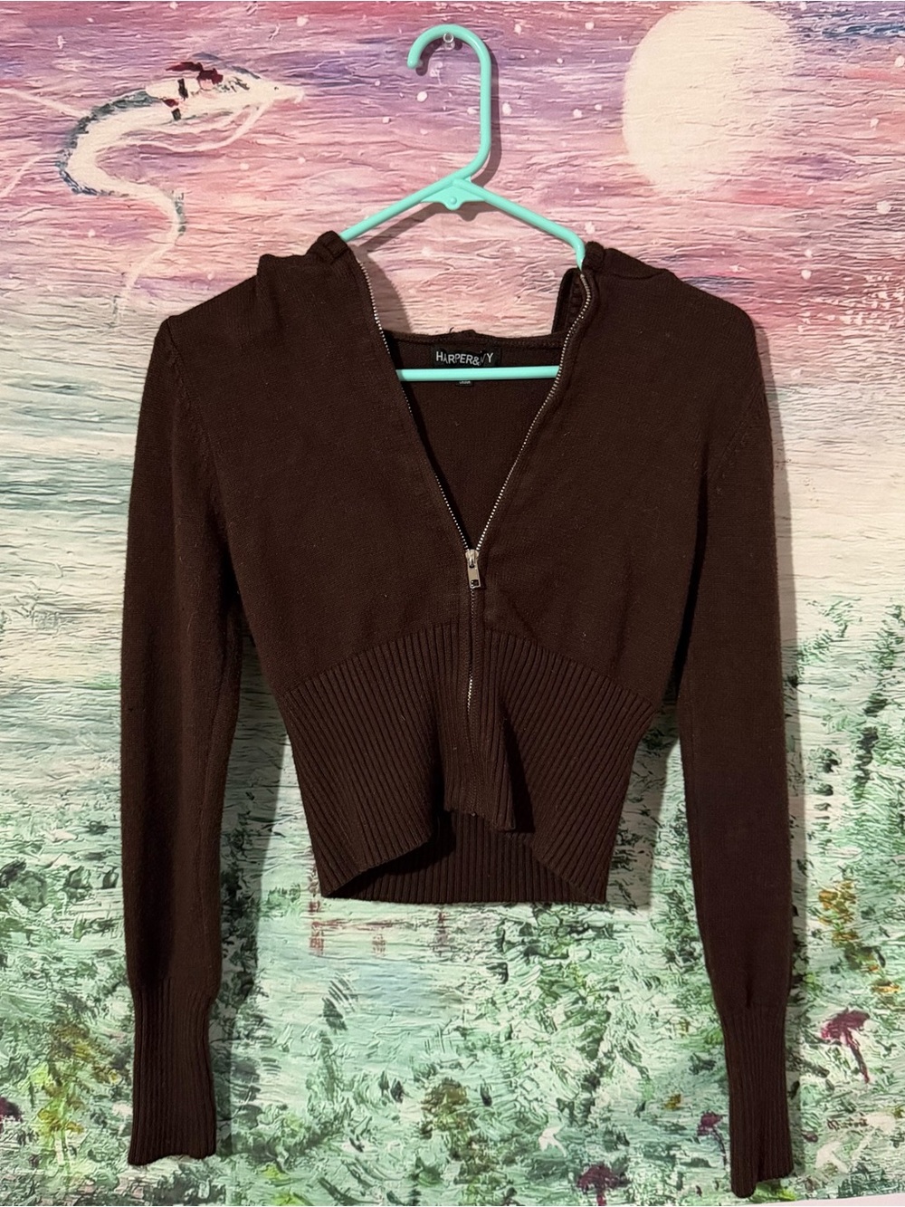 Brown Zip-Front Ribbed Hem Hoodie - Women's Top